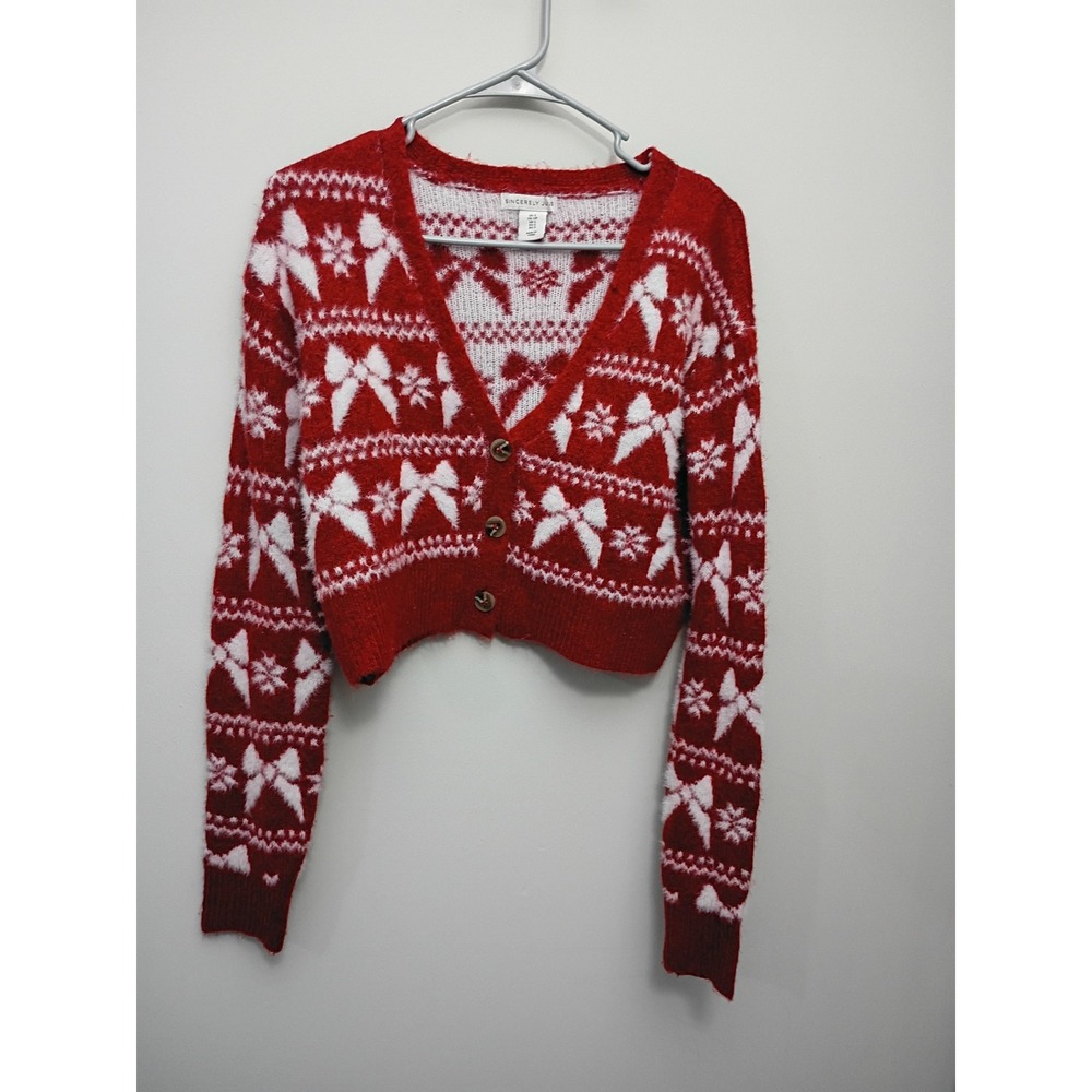 Sincerely Jules Sm Red White Bow Coquette Dainty Cropped Holiday Cardigan